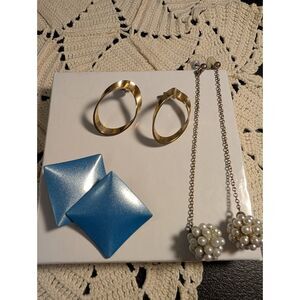 Vintage 1980s Statement Earrings Lot - Blue Enamel Gold Hoop Faux Pearl Dangle
